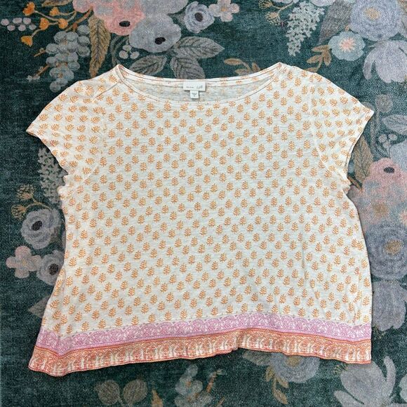 J. Jill Love Linen Knit Tee Short Sleeve Top Boho block stamp Pattern Shirt XL - Picture 10 of 11